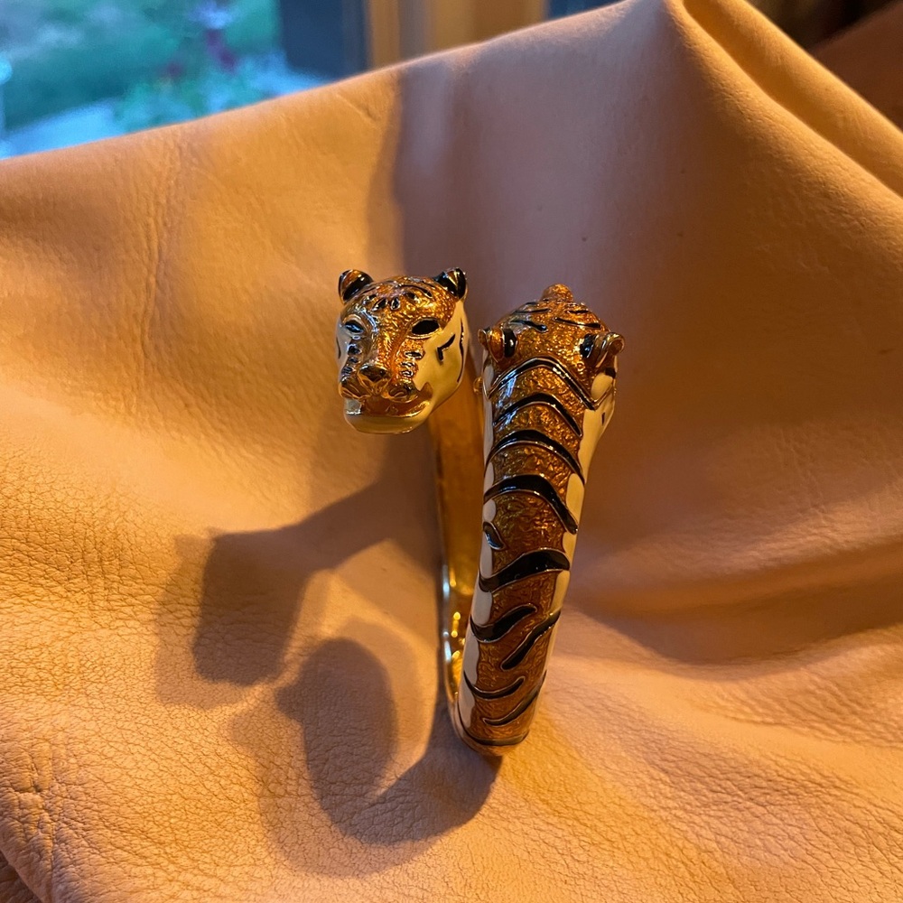 Kenneth Jay Lane Gold and White Tiger Bangle Watch
